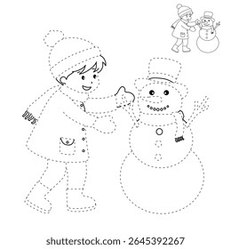 Joyful crianças construindo boneco de neve colorir página. Trace and color Crianças construindo boneco de neve. Planilhas divertidas de atividade de inverno com boneco de neve coloração páginas imprimíveis para as crianças atividade de férias de inverno.