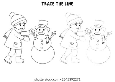 Joyful crianças construindo boneco de neve colorir página. Trace and color Crianças construindo boneco de neve. Planilhas divertidas de atividade de inverno com boneco de neve coloração páginas imprimíveis para as crianças atividade de férias de inverno.