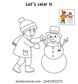 Joyful crianças construindo boneco de neve colorir página. Trace and color Crianças construindo boneco de neve. Planilhas divertidas de atividade de inverno com boneco de neve coloração páginas imprimíveis para as crianças atividade de férias de inverno.