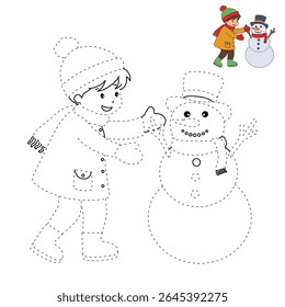 Joyful crianças construindo boneco de neve colorir página. Trace and color Crianças construindo boneco de neve. Planilhas divertidas de atividade de inverno com boneco de neve coloração páginas imprimíveis para as crianças atividade de férias de inverno.