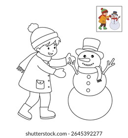 Joyful kids building Snowman Coloring Page. Trace and color Children building Snowman. Fun Winter activity worksheets with snowman coloring pages printable for kids winter holiday activity.