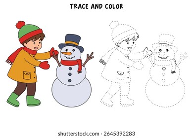 Joyful kids building Snowman Coloring Page. Trace and color Children building Snowman. Fun Winter activity worksheets with snowman coloring pages printable for kids winter holiday activity.