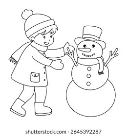 Joyful crianças construindo boneco de neve colorir página. Trace and color Crianças construindo boneco de neve. Planilhas divertidas de atividade de inverno com boneco de neve coloração páginas imprimíveis para as crianças atividade de férias de inverno.