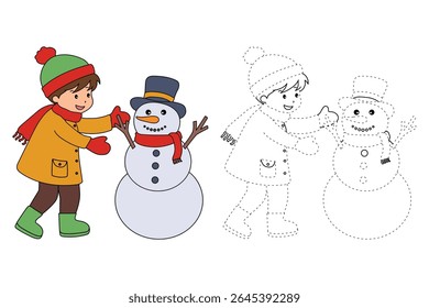 Joyful crianças construindo boneco de neve colorir página. Trace and color Crianças construindo boneco de neve. Planilhas divertidas de atividade de inverno com boneco de neve coloração páginas imprimíveis para as crianças atividade de férias de inverno.