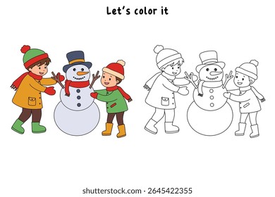 Joyful crianças construindo boneco de neve colorir página. Trace and color Crianças construindo boneco de neve. Planilhas divertidas de atividade de inverno com boneco de neve coloração páginas imprimíveis para as crianças atividade de férias de inverno.