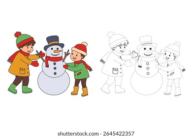 Joyful crianças construindo boneco de neve colorir página. Trace and color Crianças construindo boneco de neve. Planilhas divertidas de atividade de inverno com boneco de neve coloração páginas imprimíveis para as crianças atividade de férias de inverno.