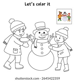 Joyful crianças construindo boneco de neve colorir página. Trace and color Crianças construindo boneco de neve. Planilhas divertidas de atividade de inverno com boneco de neve coloração páginas imprimíveis para as crianças atividade de férias de inverno.