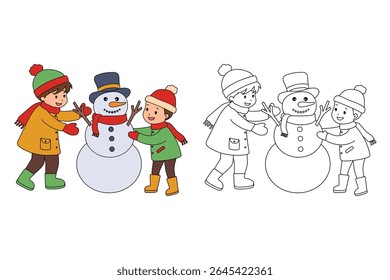 Joyful crianças construindo boneco de neve colorir página. Trace and color Crianças construindo boneco de neve. Planilhas divertidas de atividade de inverno com boneco de neve coloração páginas imprimíveis para as crianças atividade de férias de inverno.