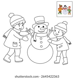 Joyful crianças construindo boneco de neve colorir página. Trace and color Crianças construindo boneco de neve. Planilhas divertidas de atividade de inverno com boneco de neve coloração páginas imprimíveis para as crianças atividade de férias de inverno.