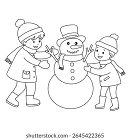 Joyful crianças construindo boneco de neve colorir página. Trace and color Crianças construindo boneco de neve. Planilhas divertidas de atividade de inverno com boneco de neve coloração páginas imprimíveis para as crianças atividade de férias de inverno.