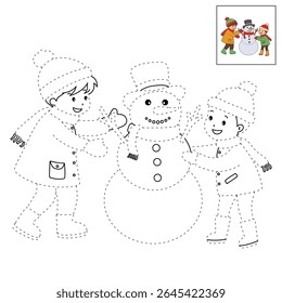 Joyful crianças construindo boneco de neve colorir página. Trace and color Crianças construindo boneco de neve. Planilhas divertidas de atividade de inverno com boneco de neve coloração páginas imprimíveis para as crianças atividade de férias de inverno.