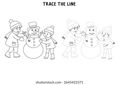 Joyful crianças construindo boneco de neve colorir página. Trace and color Crianças construindo boneco de neve. Planilhas divertidas de atividade de inverno com boneco de neve coloração páginas imprimíveis para as crianças atividade de férias de inverno.