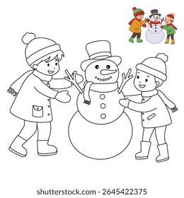Joyful crianças construindo boneco de neve colorir página. Trace and color Crianças construindo boneco de neve. Planilhas divertidas de atividade de inverno com boneco de neve coloração páginas imprimíveis para as crianças atividade de férias de inverno.
