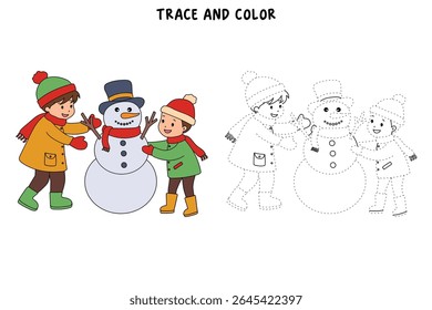 Joyful crianças construindo boneco de neve colorir página. Trace and color Crianças construindo boneco de neve. Planilhas divertidas de atividade de inverno com boneco de neve coloração páginas imprimíveis para as crianças atividade de férias de inverno.