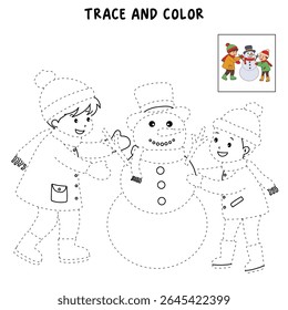Joyful crianças construindo boneco de neve colorir página. Trace and color Crianças construindo boneco de neve. Planilhas divertidas de atividade de inverno com boneco de neve coloração páginas imprimíveis para as crianças atividade de férias de inverno.