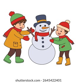 Joyful crianças construindo boneco de neve colorir página. Trace and color Crianças construindo boneco de neve. Planilhas divertidas de atividade de inverno com boneco de neve coloração páginas imprimíveis para as crianças atividade de férias de inverno.