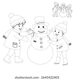 Joyful crianças construindo boneco de neve colorir página. Trace and color Crianças construindo boneco de neve. Planilhas divertidas de atividade de inverno com boneco de neve coloração páginas imprimíveis para as crianças atividade de férias de inverno.