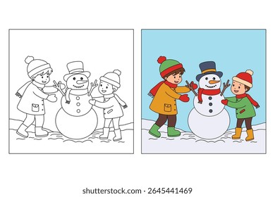 Joyful crianças construindo boneco de neve colorir página. Trace and color Crianças construindo boneco de neve. Planilhas divertidas de atividade de inverno com boneco de neve coloração páginas imprimíveis para as crianças atividade de férias de inverno.