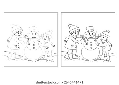 Joyful crianças construindo boneco de neve colorir página. Trace and color Crianças construindo boneco de neve. Planilhas divertidas de atividade de inverno com boneco de neve coloração páginas imprimíveis para as crianças atividade de férias de inverno.