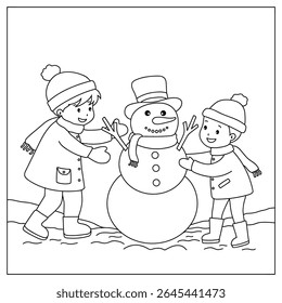 Joyful crianças construindo boneco de neve colorir página. Trace and color Crianças construindo boneco de neve. Planilhas divertidas de atividade de inverno com boneco de neve coloração páginas imprimíveis para as crianças atividade de férias de inverno.