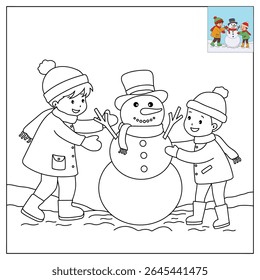 Joyful crianças construindo boneco de neve colorir página. Trace and color Crianças construindo boneco de neve. Planilhas divertidas de atividade de inverno com boneco de neve coloração páginas imprimíveis para as crianças atividade de férias de inverno.