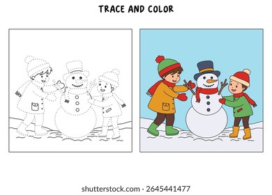 Joyful crianças construindo boneco de neve colorir página. Trace and color Crianças construindo boneco de neve. Planilhas divertidas de atividade de inverno com boneco de neve coloração páginas imprimíveis para as crianças atividade de férias de inverno.