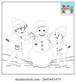 Joyful crianças construindo boneco de neve colorir página. Trace and color Crianças construindo boneco de neve. Planilhas divertidas de atividade de inverno com boneco de neve coloração páginas imprimíveis para as crianças atividade de férias de inverno.