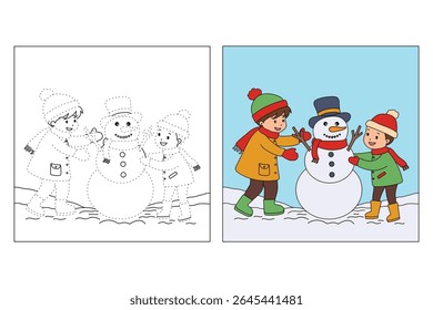 Joyful crianças construindo boneco de neve colorir página. Trace and color Crianças construindo boneco de neve. Planilhas divertidas de atividade de inverno com boneco de neve coloração páginas imprimíveis para as crianças atividade de férias de inverno.