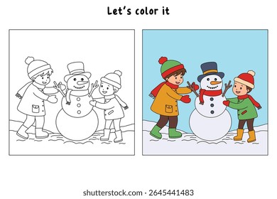 Joyful kids building Snowman Coloring Page. Trace and color Children building Snowman. Fun Winter activity worksheets with snowman coloring pages printable for kids winter holiday activity.