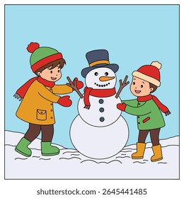 Joyful crianças construindo boneco de neve colorir página. Trace and color Crianças construindo boneco de neve. Planilhas divertidas de atividade de inverno com boneco de neve coloração páginas imprimíveis para as crianças atividade de férias de inverno.