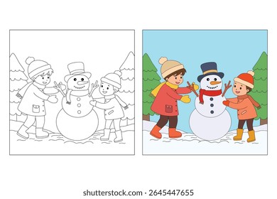 Joyful kids building Snowman Coloring Page. Trace and color Children building Snowman. Fun Winter activity worksheets with snowman coloring pages printable for kids winter holiday activity.