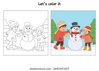 Joyful crianças construindo boneco de neve colorir página. Trace and color Crianças construindo boneco de neve. Planilhas divertidas de atividade de inverno com boneco de neve coloração páginas imprimíveis para as crianças atividade de férias de inverno.