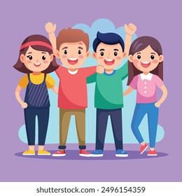 Joyful Kids Camping Adventure in Friendship day. Four happy kids, hand in hand, explore the great outdoors during a sunny camping trip.