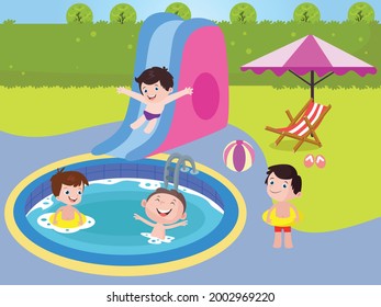 Joyful kids cartoon character enjoying summer holiday by playing on the swimming pool and slide at the backyard