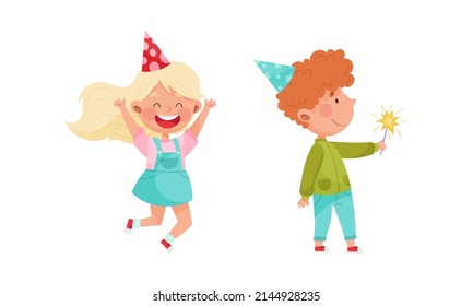 Joyful kids celebrating birthday set. Cute little children wearing party hats having fun at party cartoon vector illustration
