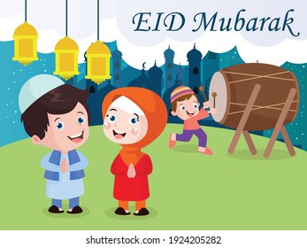 Joyful Kids celebrating Eid al-fitr at mosque cartoon vector concept for banner, website, illustration, landing page, flyer, etc.