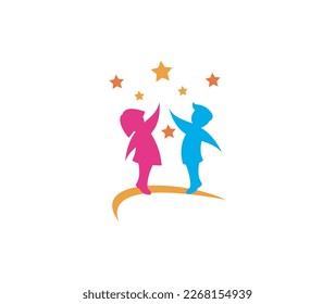 Joyful kids childcare logo template with running happy kids silhouette