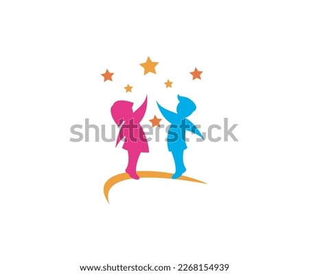 Joyful kids childcare logo template with running happy kids silhouette