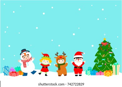 Joyful kids with Christmas costumes background vector. 
colorful gift boxes and Christmas tree illustration.