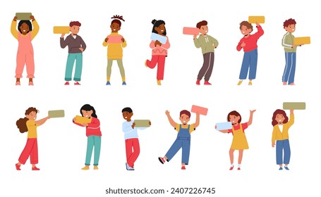 Joyful Kids with Empty Banners, Their Faces Alive With Excitement. Eager Anticipation Fills The Air As They Await A Celebration To Unfold. Boys and Girls Characters. Cartoon People Vector Illustration