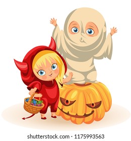 Joyful kids in Halloween dresses flat poster