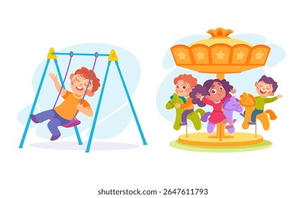 Joyful crianças alegremente jogando divertindo-se conjuntos de balanço e um passeio de carrossel colorido cheio de diversão
