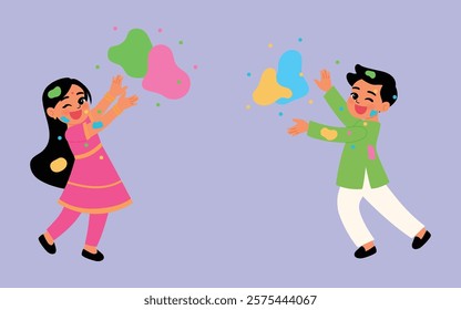 Joyful Kids Having Fun for Holi Festival, Smiling Indian Children Splashing Holi Color Powder illustration