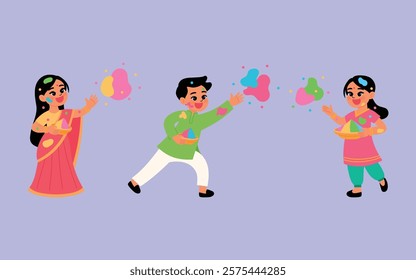 Joyful Kids Having Fun for Holi Festival, Smiling Indian Children Splashing Holi Color Powder illustration