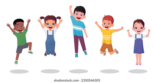 Joyful Kids jumping Together, Children Group Having Fun In Different Poses Vector Illustration