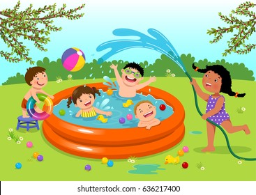 Joyful Kids Playing In Inflatable Pool In The Backyard