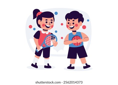 Joyful Kids Playing Sports: Girl with Tennis Racquet, Boy with Basketball, Colorful Illustration