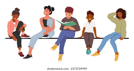 Joyful Kids Sitting Closely Together On A Parapet, Wall or Perch, Character Radiating Youthful Innocence And Friendship, Relax after School. Reading, Chatting. Cartoon People Vector Illustration