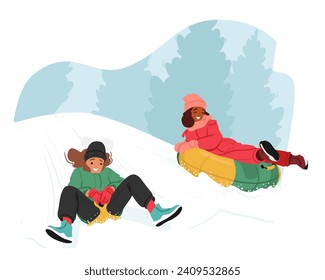 Joyful Kids Sled Down Snowy Hills, Laughter Echoing In The Crisp Winter Air. Bright Scarves Trail Behind Them As They Navigate The Sparkling Slopes, Creating Cherished Winter Memories, Vector Scene