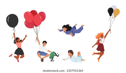 Joyful Kids Soar With Vibrant Balloons in Sky With Laughter And Wonder. Their Carefree Flight Embodies The Magic Of Youth And Limitless Possibilities Of Imagination. Cartoon People Vector Illustration